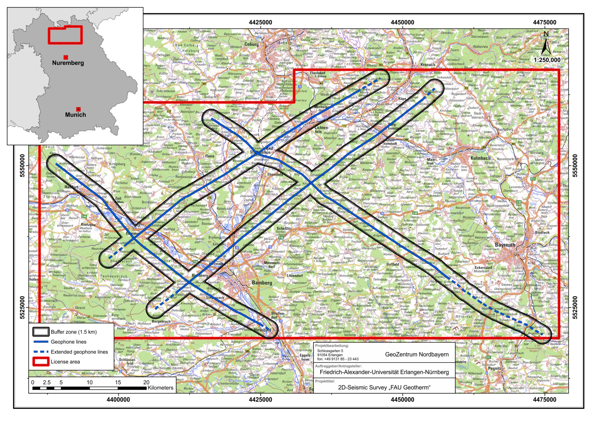 Geplanter Verlauf der 2D- Seismik in Franken (Basisdaten: Bayerische Vermessungsverwaltung – www.geodaten.bayern.de) (Erstellt: Andreas Eberts)