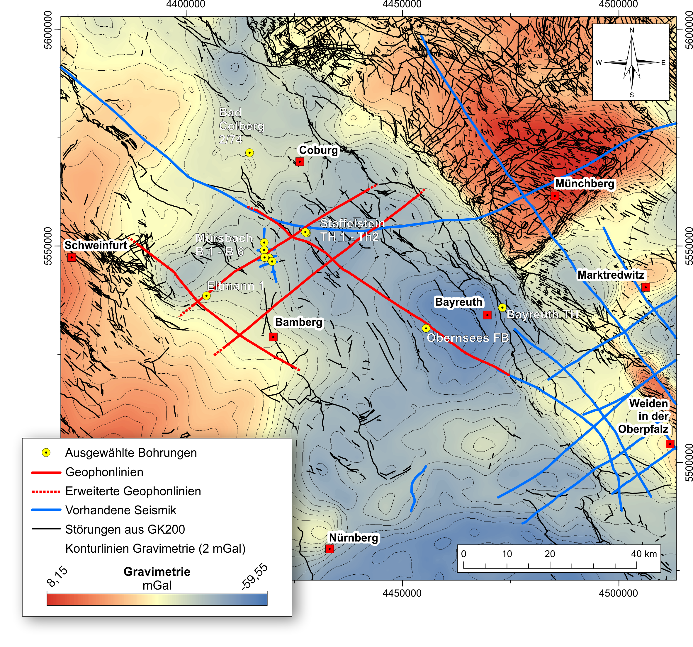 Geologische Grundlagen für die Planung der 2D-Seismik (Basisdaten: Schwerekarte von Deutschland, LIAG) (Erstellt: Andreas Eberts)