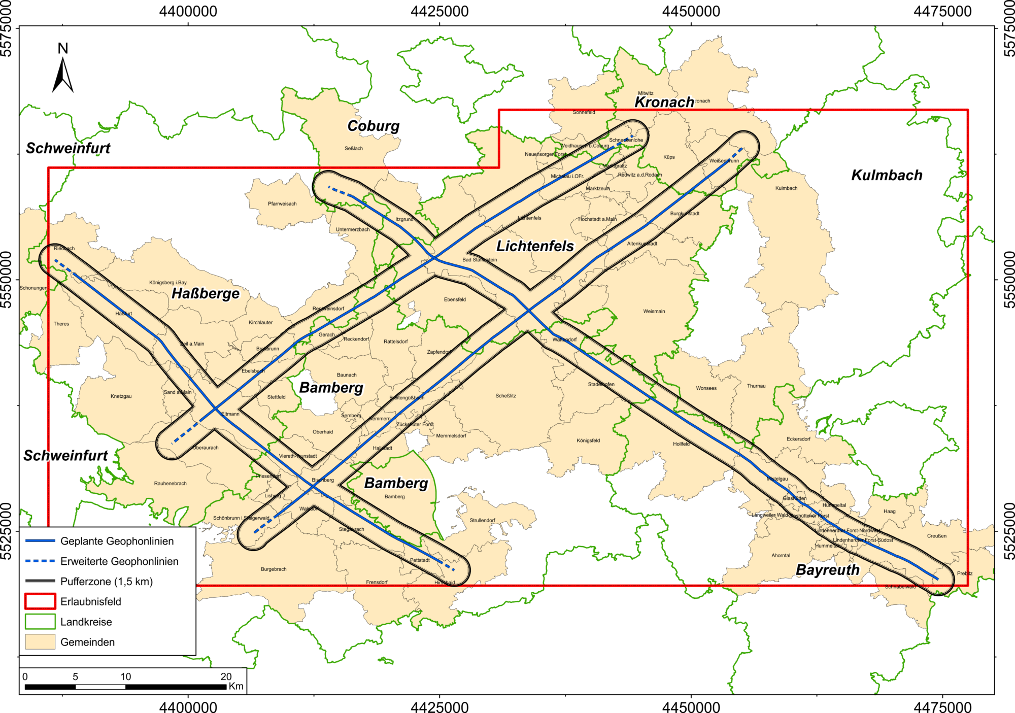 Übersichtskarte 2D-Seismik Franken mit Geophonlinien (Basisdaten: Bayerische Vermessungsverwaltung – www.geodaten.bayern.de) (Erstellt: Andreas Eberts)